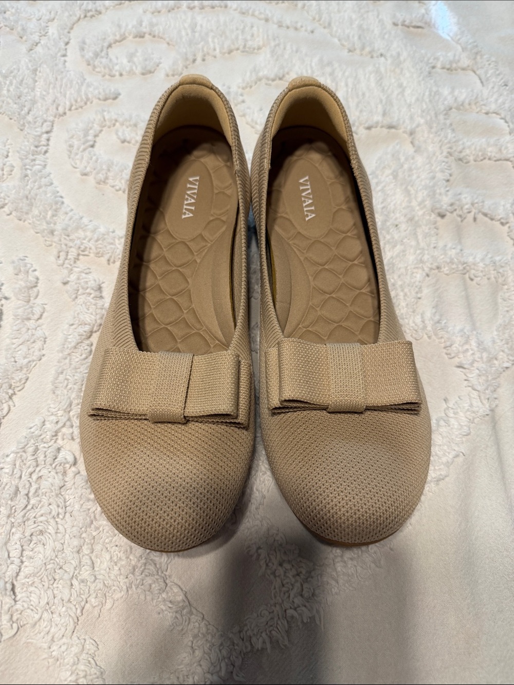 VIVAIA Women's Beige Bow-Trim Knit Ballet Flats